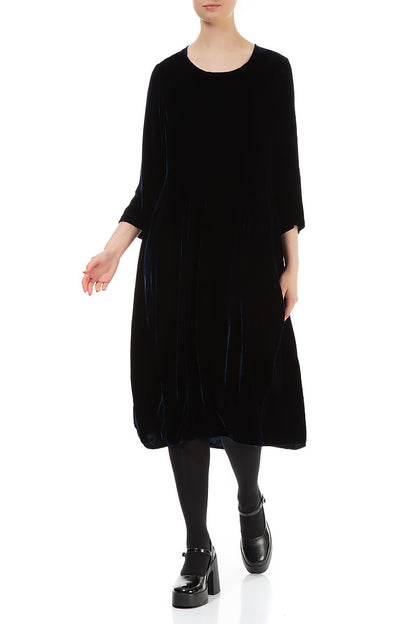 Flared Balloon Navy Silk Velvet Dress 4