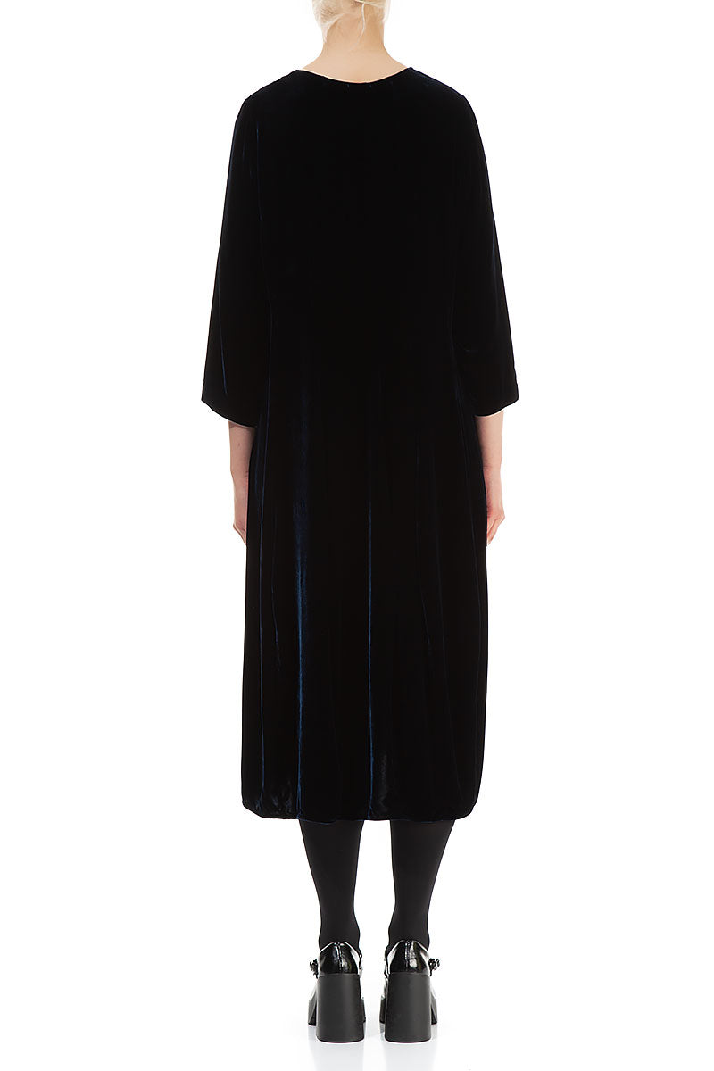 Flared Balloon Navy Silk Velvet Dress 2
