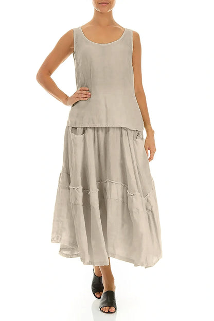 Flared Beige Crêpe Linen Skirt