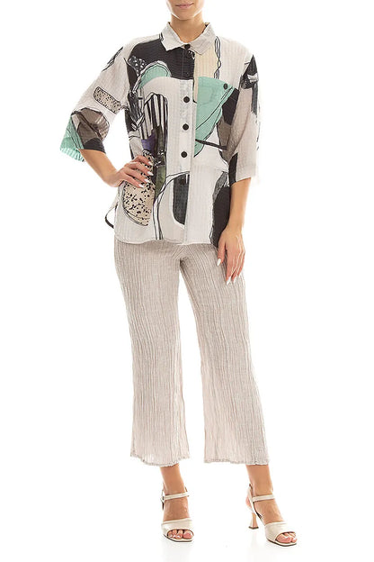 Flared Beige Crinkled Silk Trousers