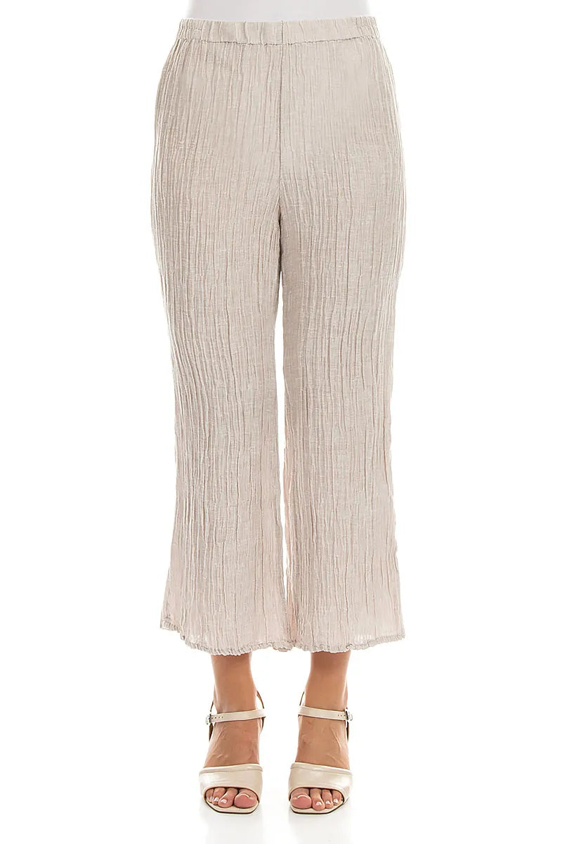 Flared Beige Crinkled Silk Trousers