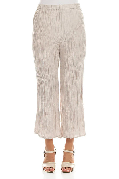 Flared Beige Crinkled Silk Trousers