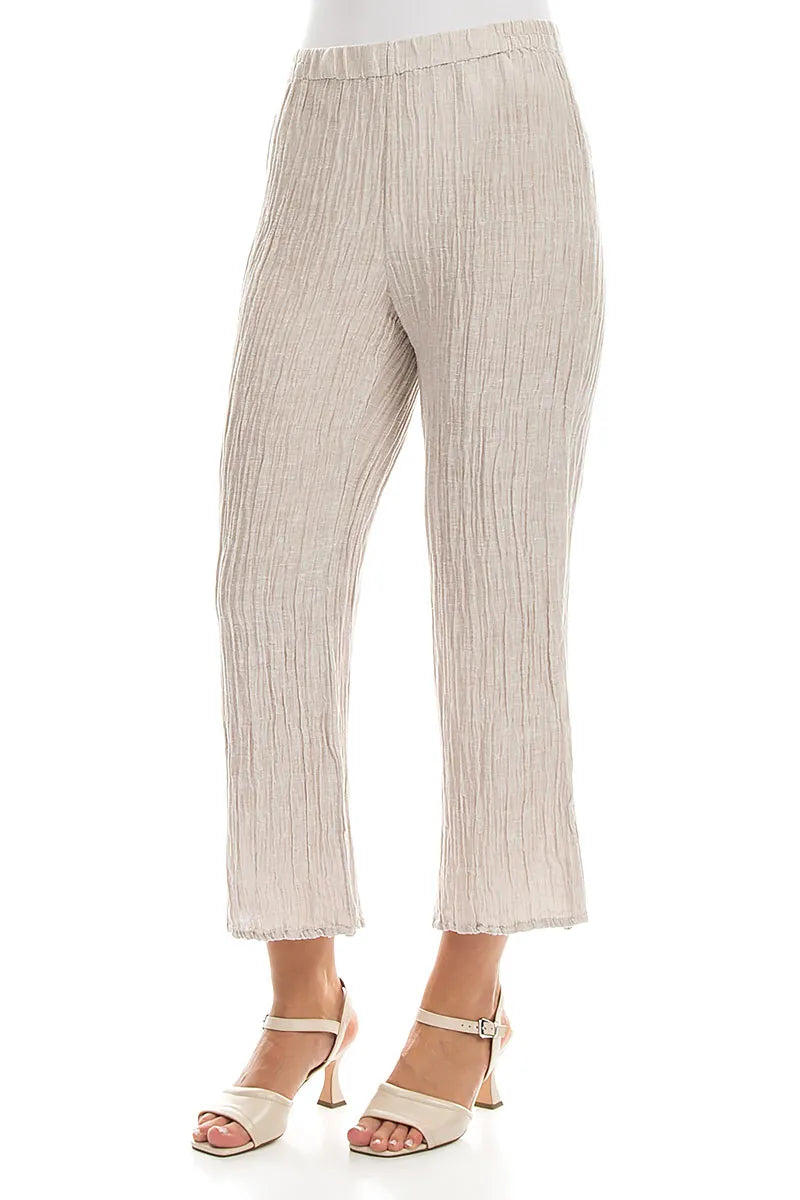 Flared Beige Crinkled Silk Trousers