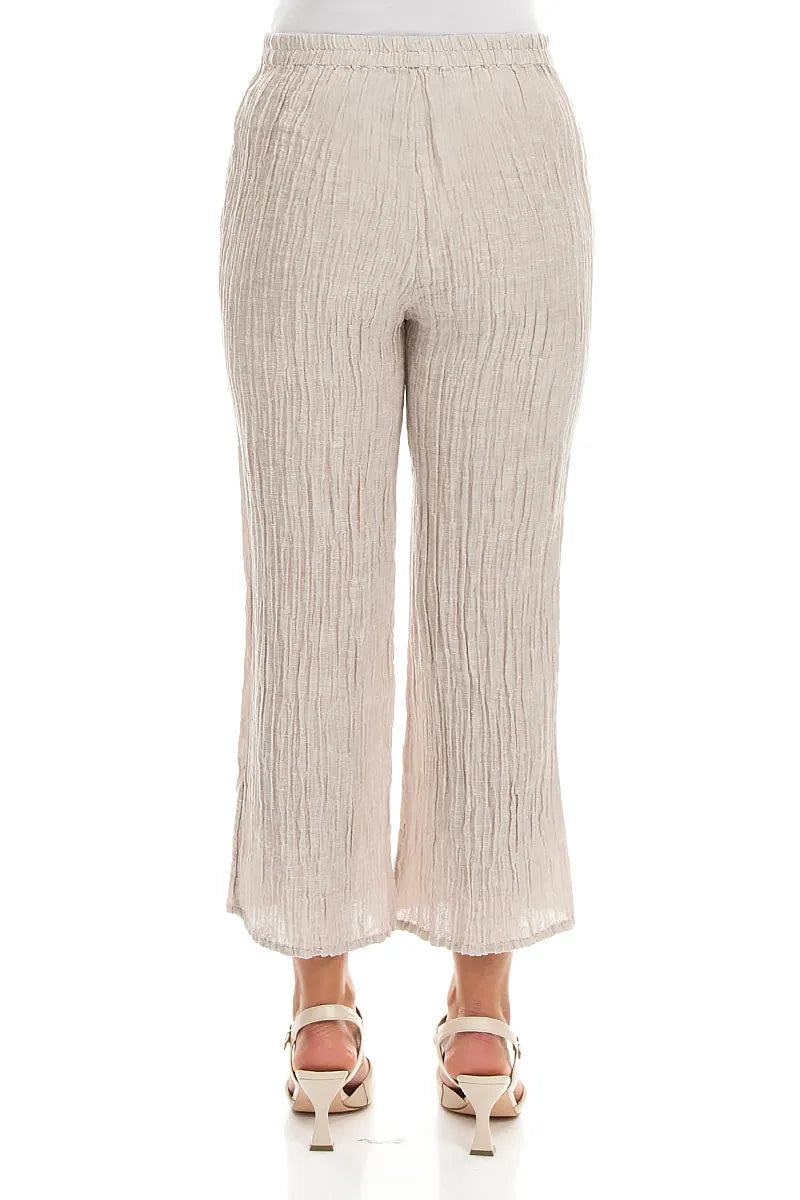 Flared Beige Crinkled Silk Trousers
