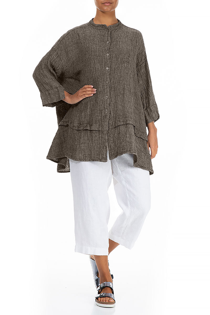 Flared Beige Mélange Linen Shirt 4