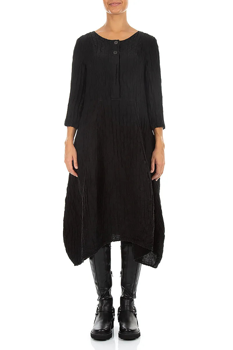 Flared Black Crinkled Silk Linen Dress 1