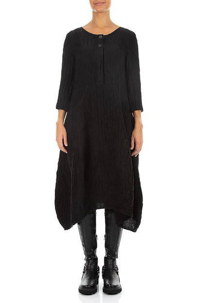 Flared Black Crinkled Silk Linen Dress 1
