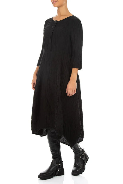 Flared Black Crinkled Silk Linen Dress 3
