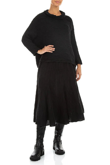Flared Black Crinkled Silk Skirt