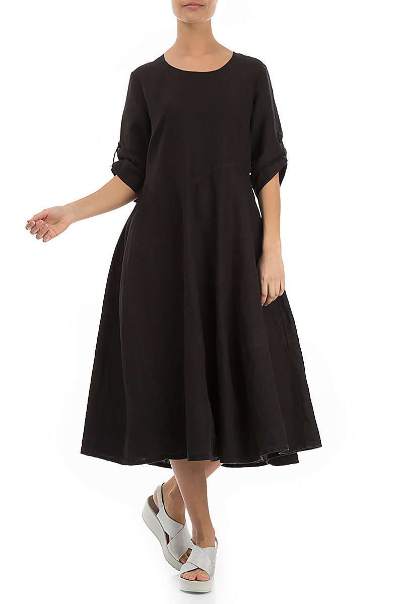 Flared A-Line Black Linen Dress