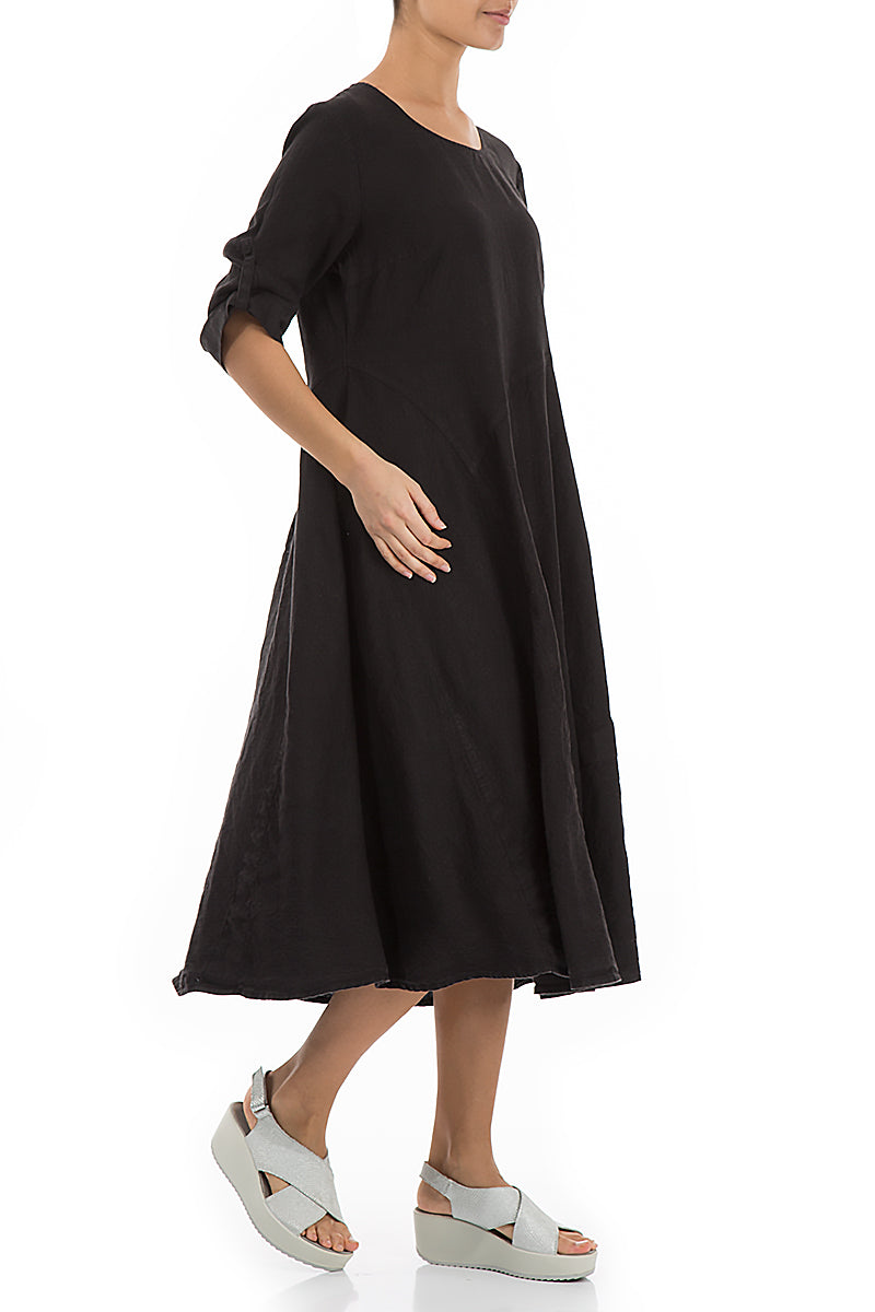 Flared A-Line Black Linen Dress