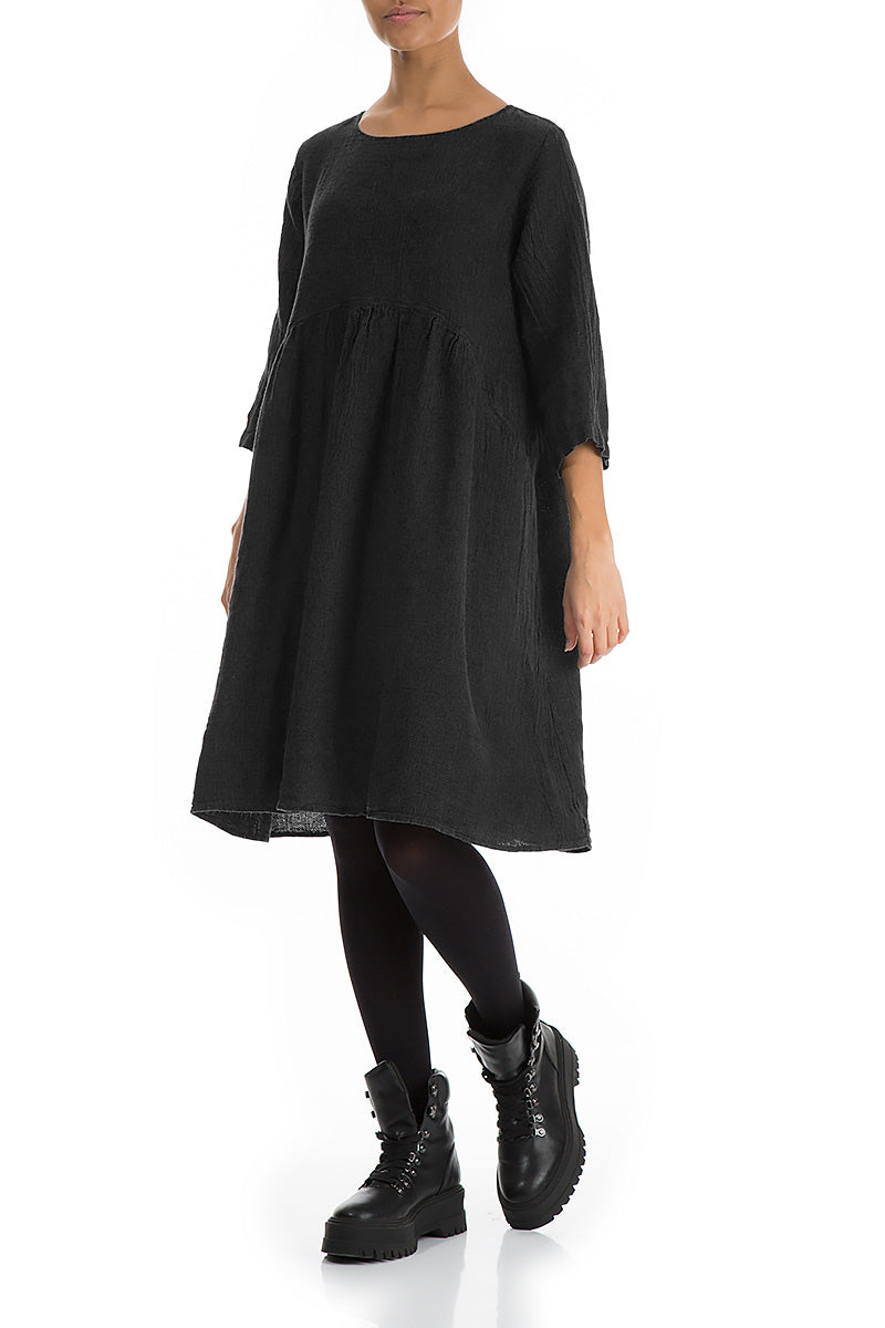 Flared Black Mélange Linen Midi Dress