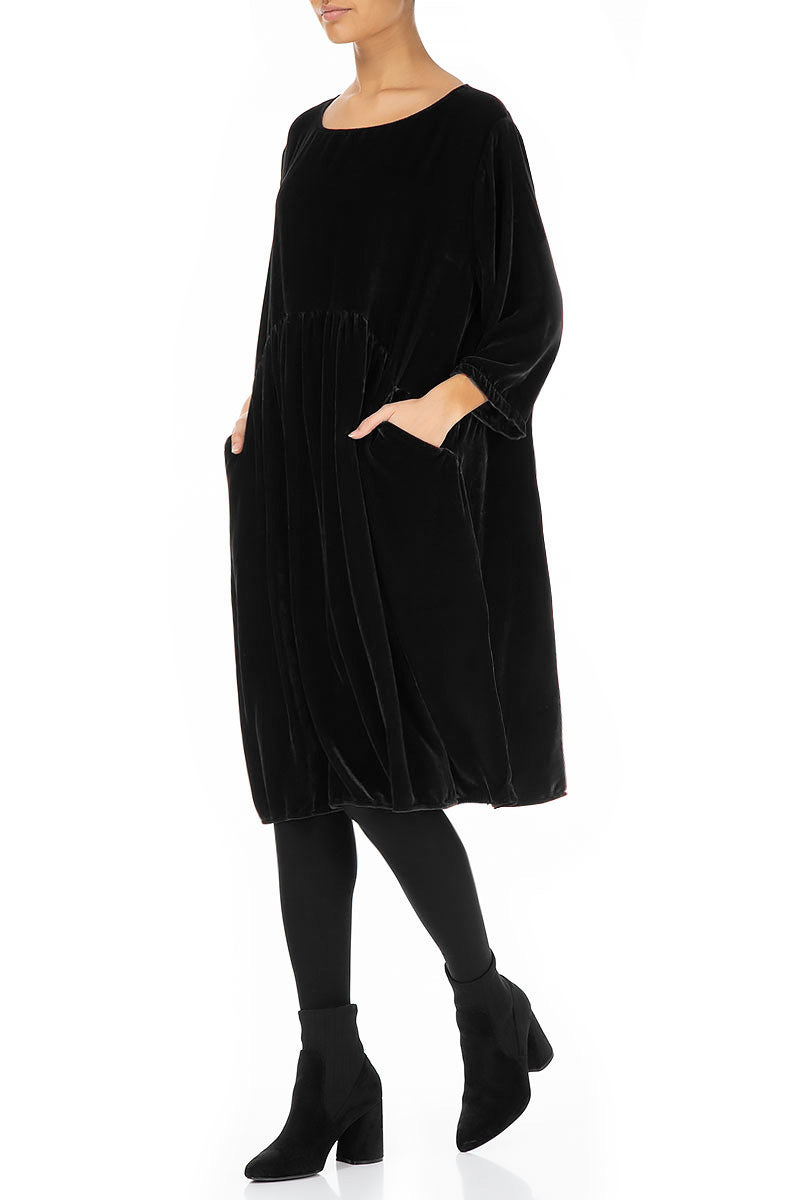 Flared Black Silk Velvet Dress