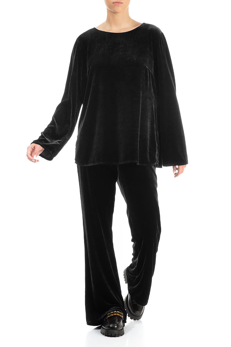 Flared Black Stretch Silk Velvet Trousers