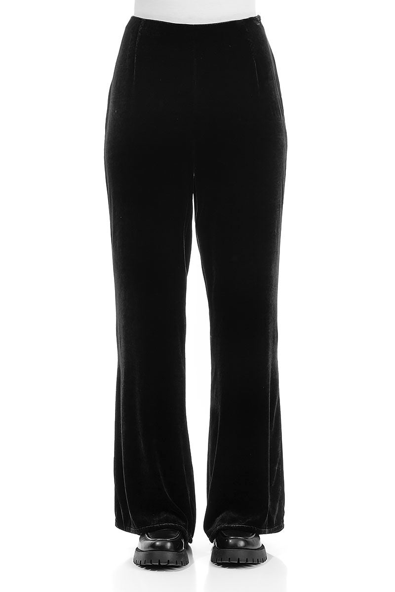 Flared Black Stretch Silk Velvet Trousers