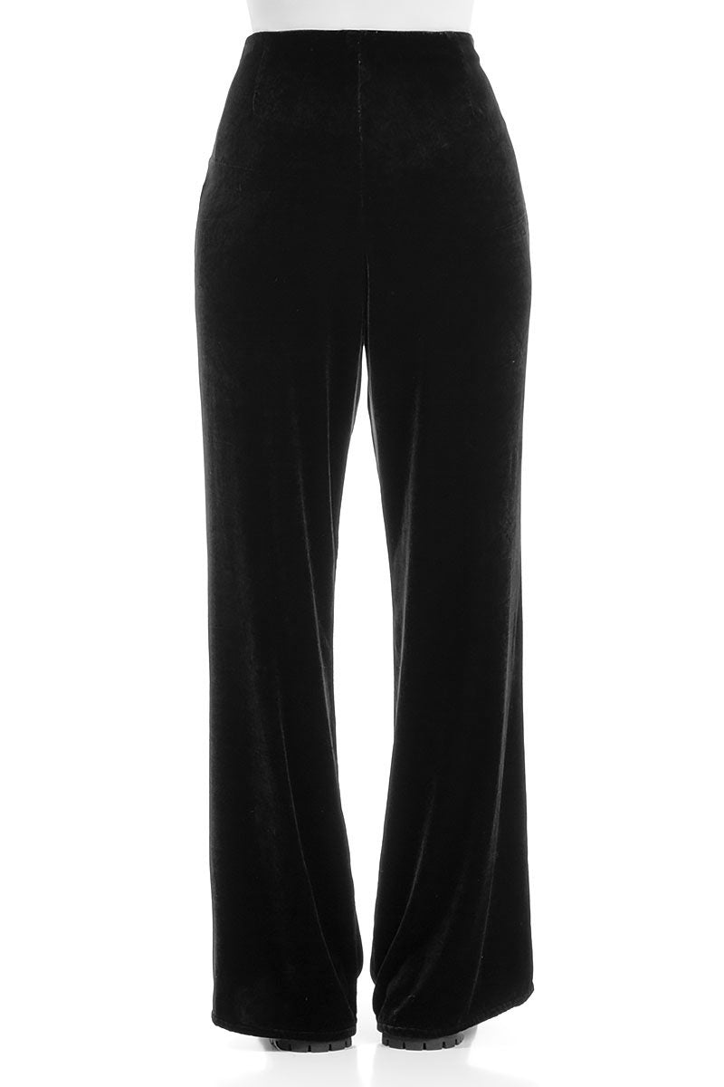 Flared Black Stretch Silk Velvet Trousers