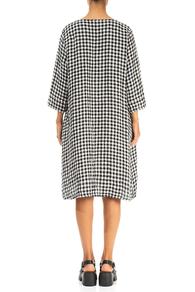 Flared Black & White Check Linen Dress L Flared Black & White Check Linen Dress L