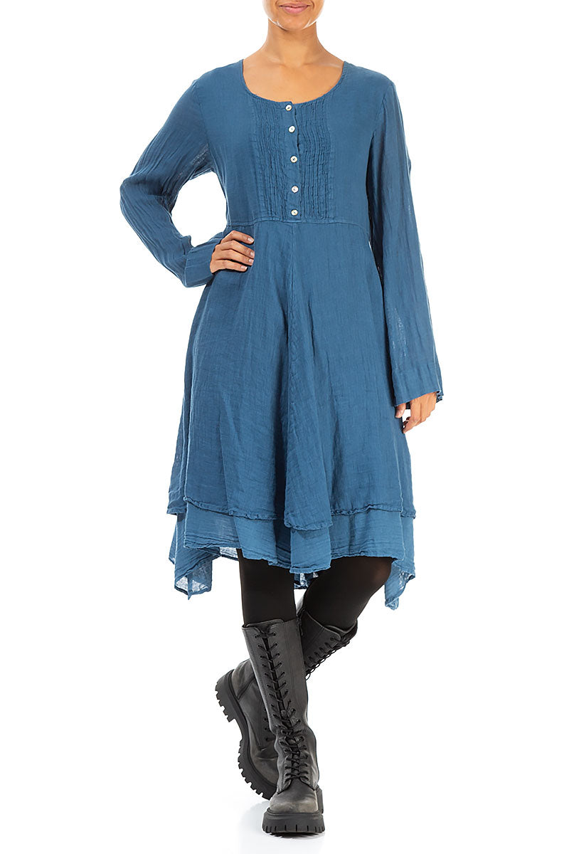 Flared Blue Gauze Linen Tunic Dress