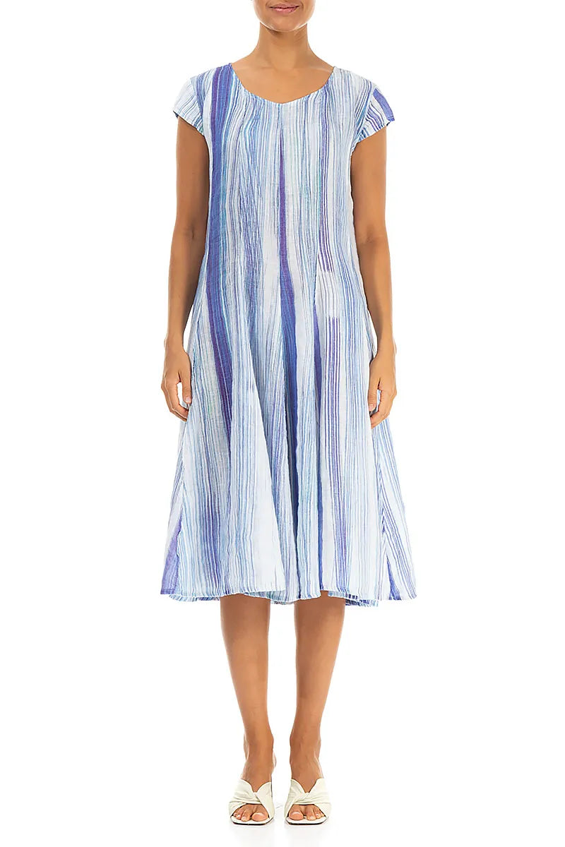 Flared Blue Wash Stripe Linen Dress