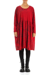 Flared Boxy Cherry Red Abstract Draw Cotton Dress 1