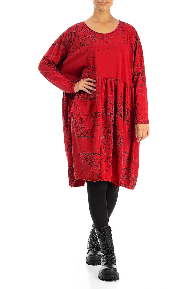 Flared Boxy Cherry Red Abstract Draw Cotton Dress 4