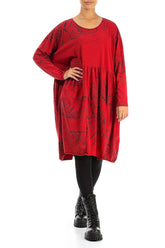 Flared Boxy Cherry Red Abstract Draw Cotton Dress 4