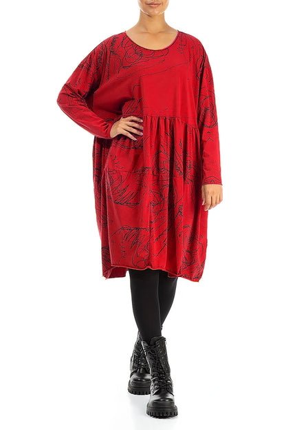 Flared Boxy Cherry Red Abstract Draw Cotton Dress 4