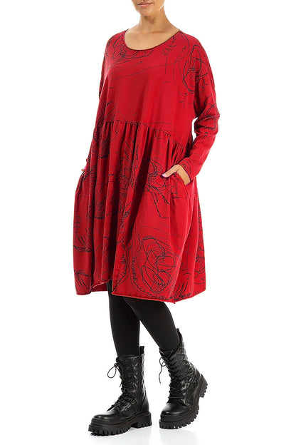 Flared Boxy Cherry Red Abstract Draw Cotton Dress 3