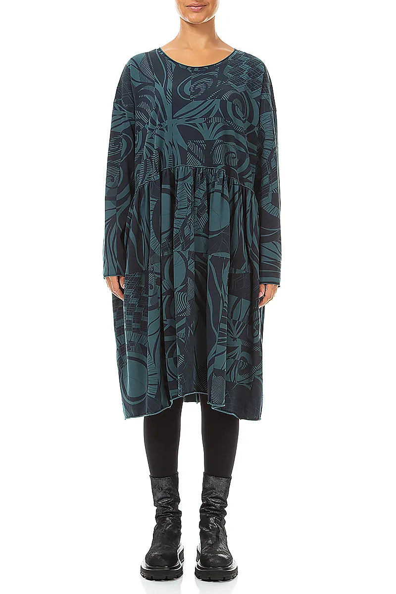 Flared Boxy Deep Turquoise Orbit Cotton Dress