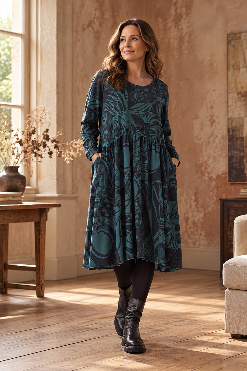 Flared Boxy Deep Turquoise Orbit Cotton Dress