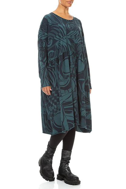Flared Boxy Deep Turquoise Orbit Cotton Dress