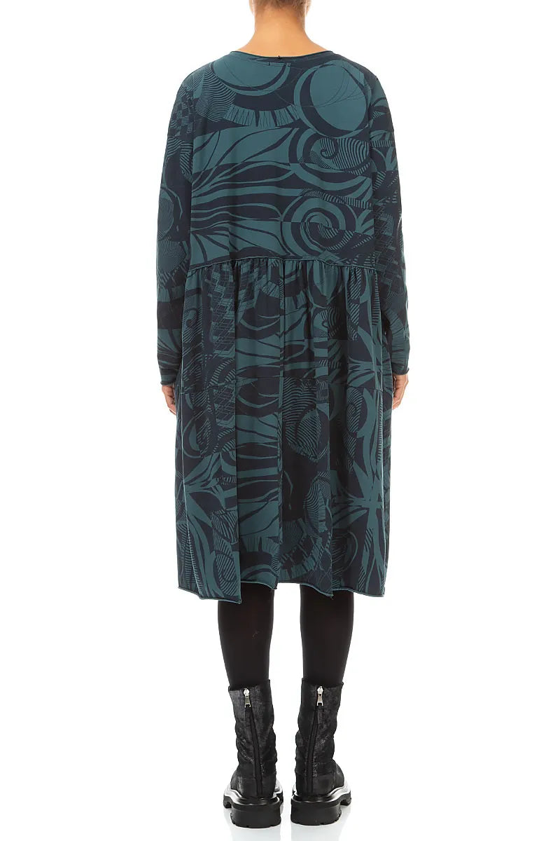Flared Boxy Deep Turquoise Orbit Cotton Dress 3