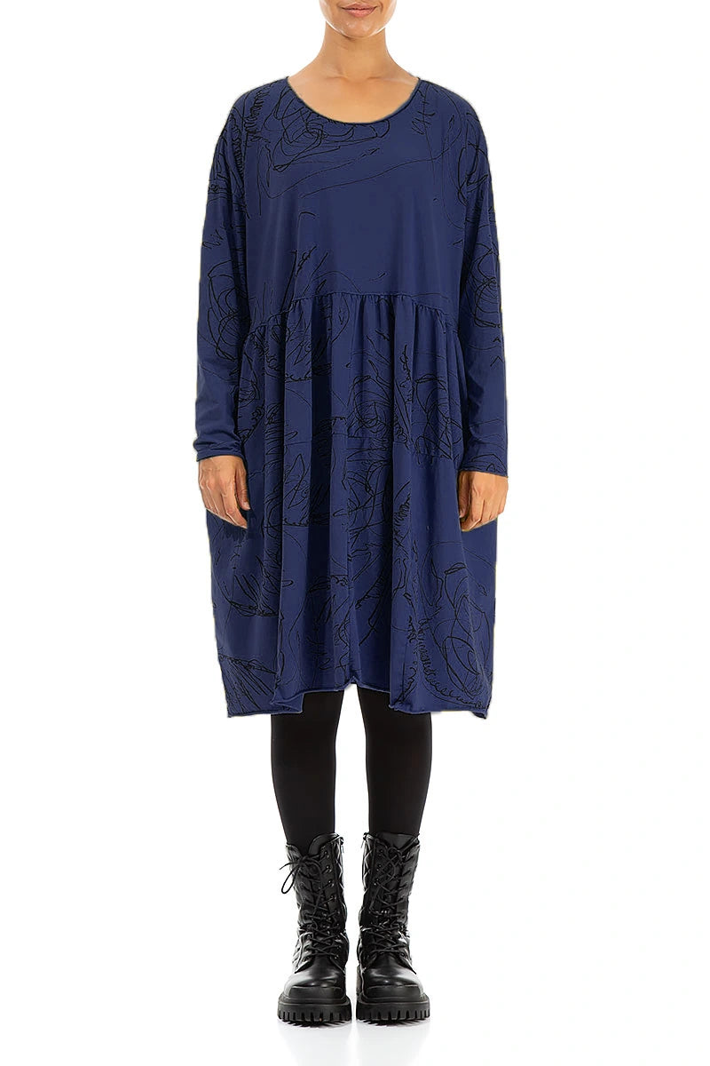 Flared Boxy Royal Blue Abstract Draw Cotton Dress 1
