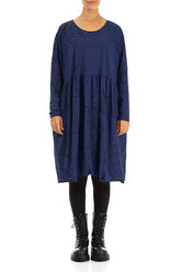 Flared Boxy Royal Blue Abstract Draw Cotton Dress 1