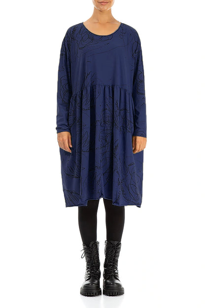 Flared Boxy Royal Blue Abstract Draw Cotton Dress 1