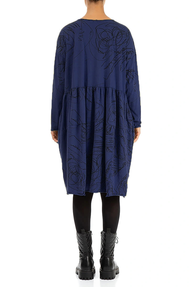 Flared Boxy Royal Blue Abstract Draw Cotton Dress 2