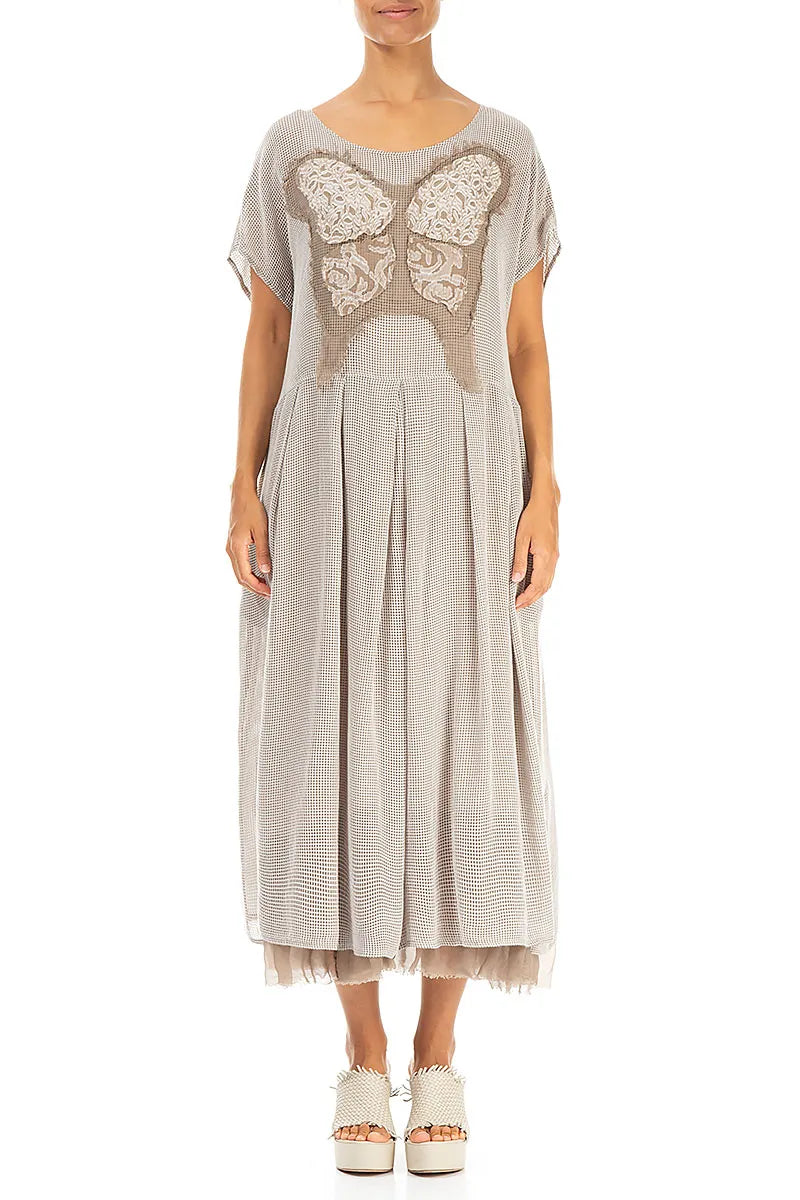 Flared Butterfly Beige Mesh Silk Dress 1