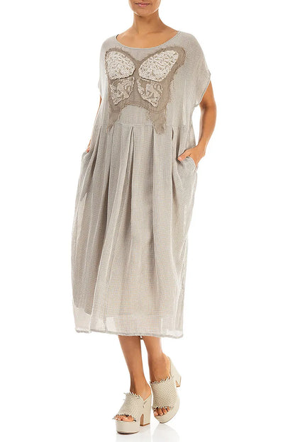 Flared Butterfly Beige Mesh Silk Dress 4