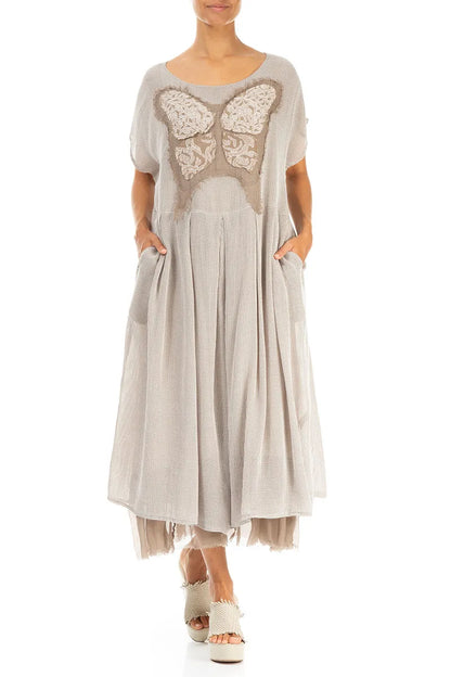 Flared Butterfly Beige Mesh Silk Dress 4