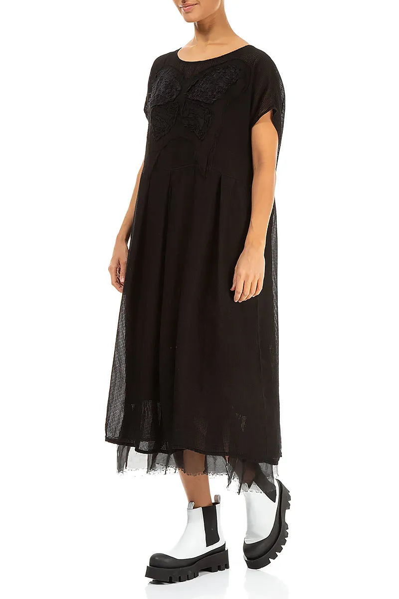Robe en soie noire à motif papillon évasé