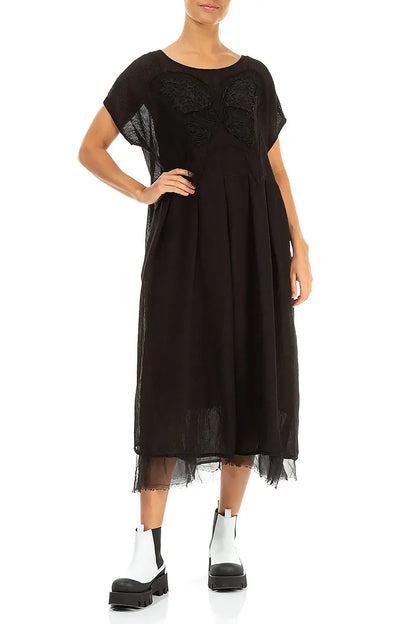 Robe en soie noire à motif papillon évasé