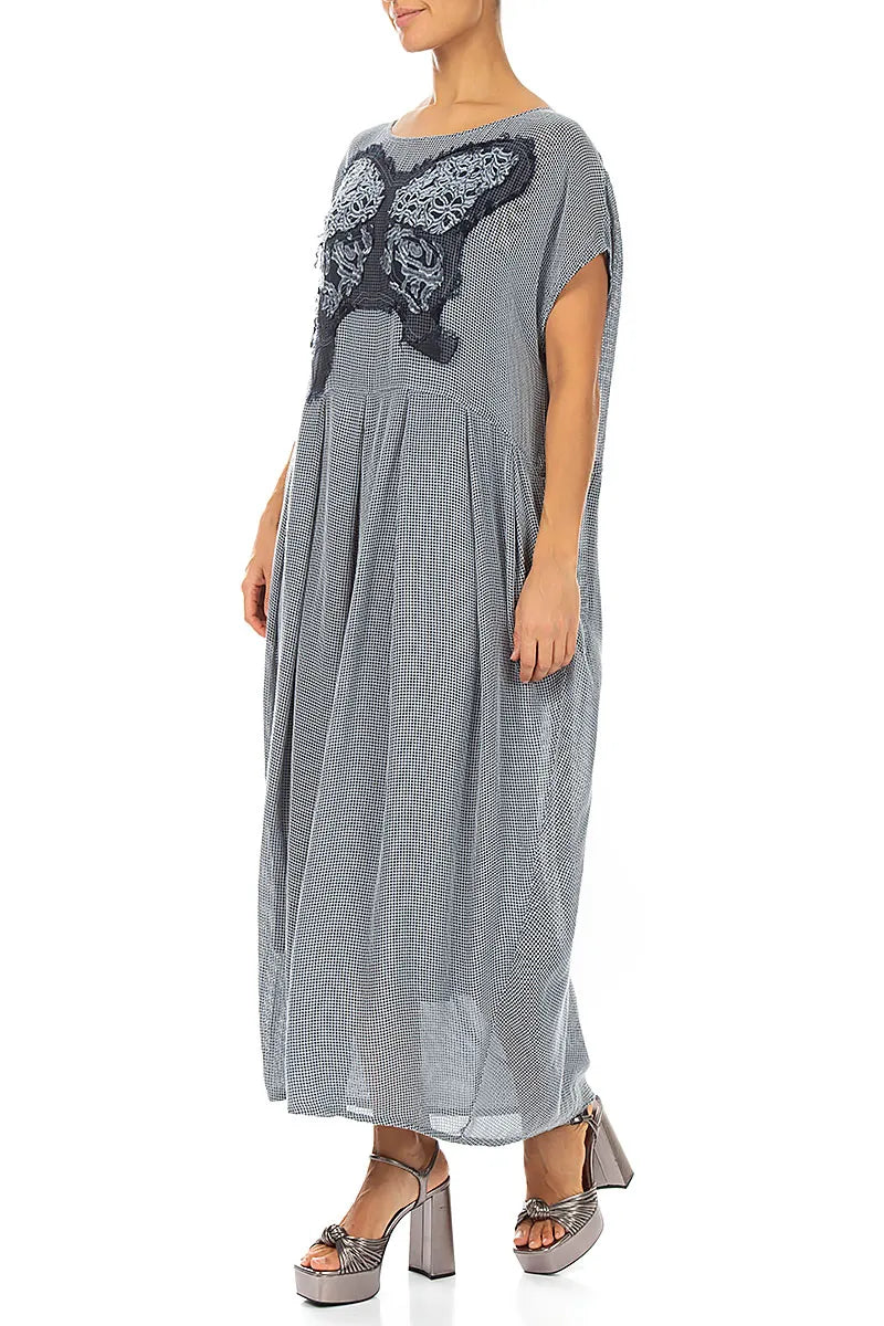 Robe en soie évasée en maille gris argenté avec motif papillon