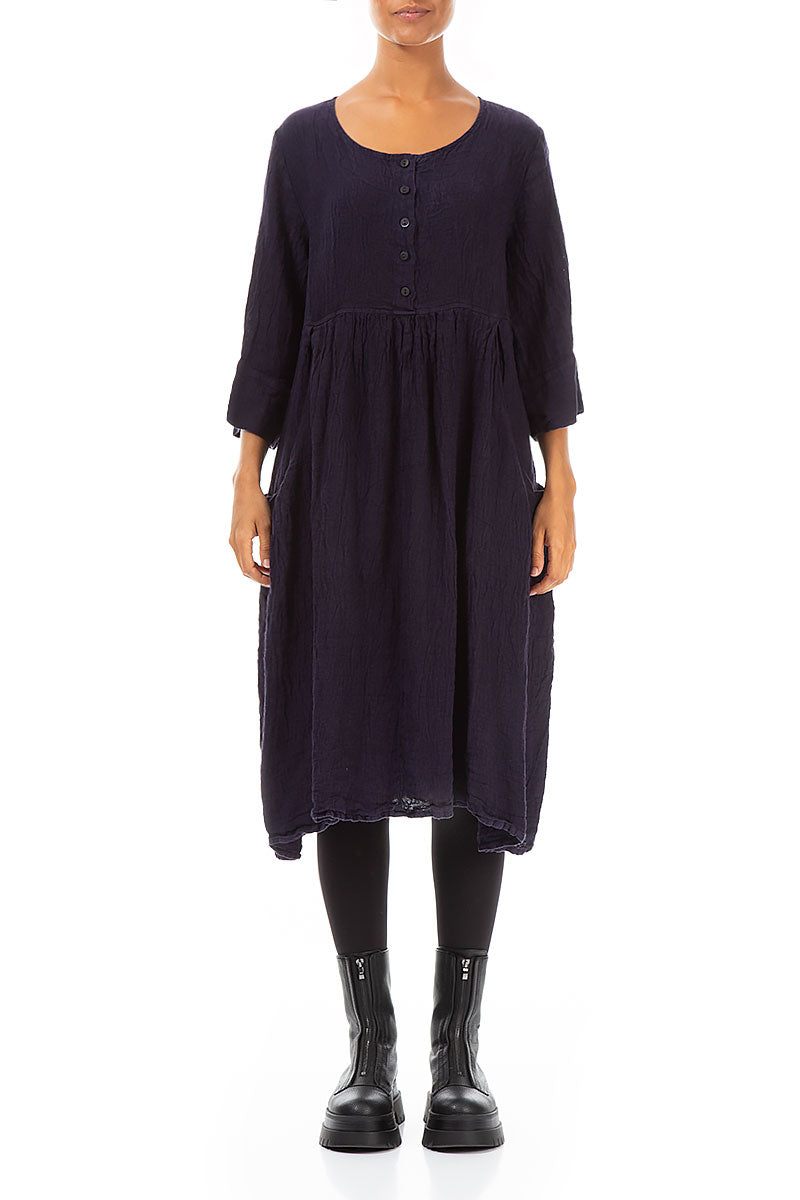 Flared Buttons Royal Purple Mélange Linen Dress 1