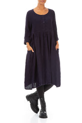 Flared Buttons Royal Purple Mélange Linen Dress 3