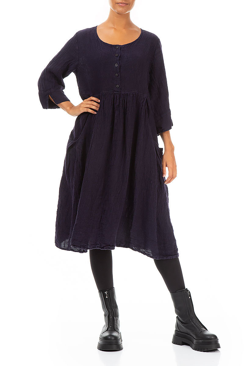 Flared Buttons Royal Purple Mélange Linen Dress 4