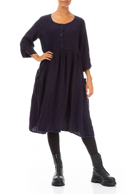 Flared Buttons Royal Purple Mélange Linen Dress 4