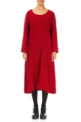 Flared Cherry Red Textured Silk Linen Dress 1