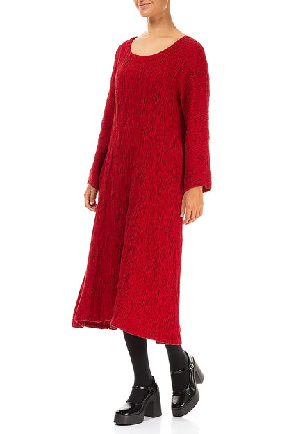 Flared Cherry Red Textured Silk Linen Dress 3