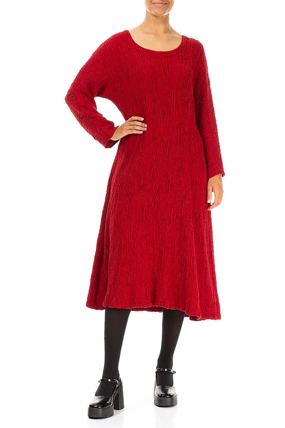 Flared Cherry Red Textured Silk Linen Dress 4