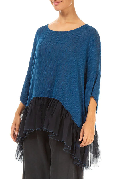 Flared Chiffon Hem Royal Blue Silk Blouse 3